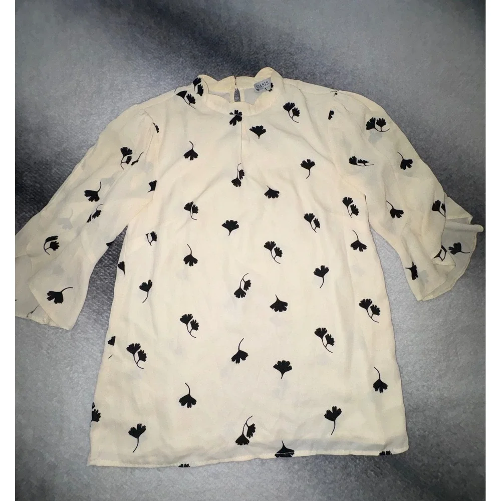 (A8) Oasis Womens Cream Black Ginkgo Leaf Print Bell Sleeve Mock Neck Blouse 8